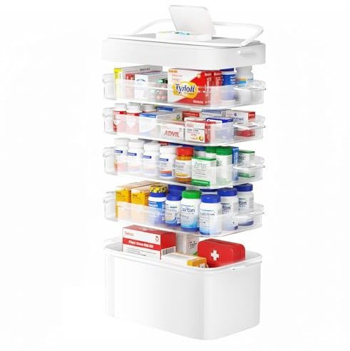 FOCHIER F 5-Tier Medicine Box Organizer Storage with Removable 6-Compartments Pill Organizer, Portable Medicine Container with Plastic Handle,First Aid Box Empty for Cabinet/Home/Travel