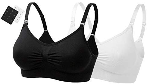 UtopyaUK Single or Double Pack Seamless Nursing Maternity Bra Padded Breastfeeding Drop Cup Sleep Comfortable Comfort Bra Crop Top Wire Free, White 1 Black 1 White, XL