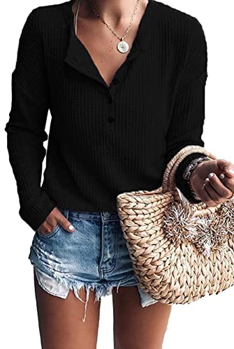 WNEEDU Pull Femme à Manches Longues en Tricot Gaufré Tunique T-Shirt Chemise Henley Décontracté Col V avec Boutons