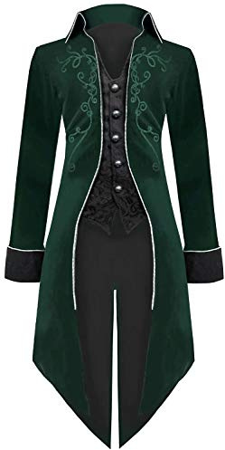 Medieval Steampunk Tailcoat Halloween Costumes for Men, Renaissance Pirate Vampire Gothic Jackets Vintage Warlock Frock Coat, Green, XXL