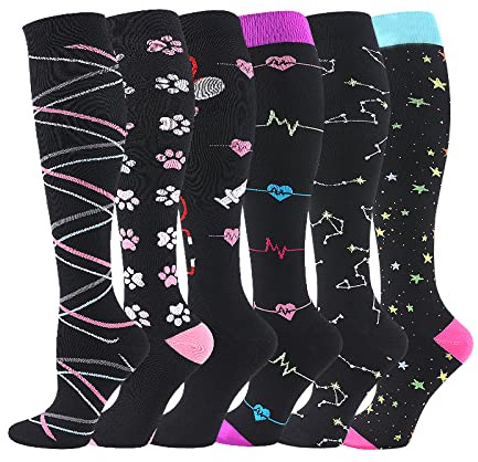 Cheeroyal 6 pares de calcetines de compresión de 20 a 30 mmHg para hombres y mujeres, enfermera de recuperación, correr, maternidad, embarazo, vuelo, viajes, deporte médico (S-M, Set 1)