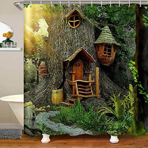 Loussiesd Woodland Waterproof Shower Curtain Tree House Decor Bathroom Kids Boys Girls Fantasy Cartoon Illustration Art Shower Curtain with Hooks Fairy Tale Curtains,180x180cm