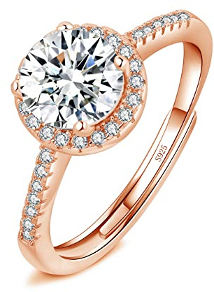 Josfeva Bague de Fiançailles Mariage avec Zircon Cubique 5A Rond Blanc, Femme Bague Ouverte Argent Fin 925 Plaquée Or Rose, Bague Réglable Hypoallergénique pour Femme Fille, Cadeau d'amour