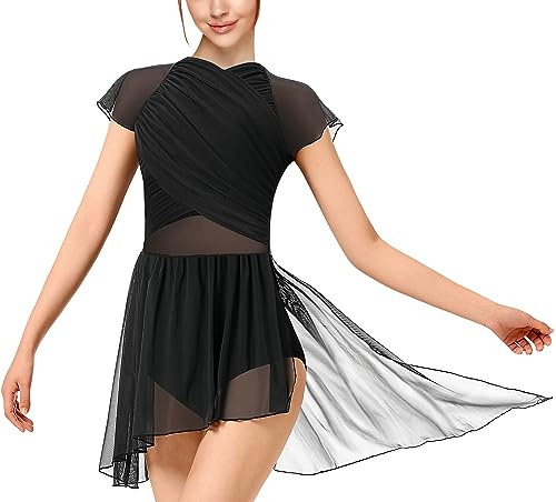 DANSHOW Robe de Danse Moderne lyrique pour Femmes Jupe en Maille à Manches flottantes Costume de Danse contemporaine(23706-06-M)