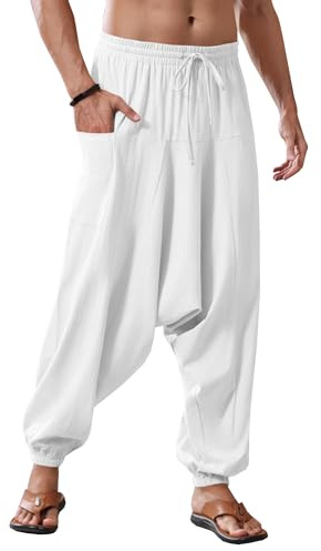 Runcati herr bomull harembyxor säckig hippie casual linne yogabyxor strand djup steg byxor