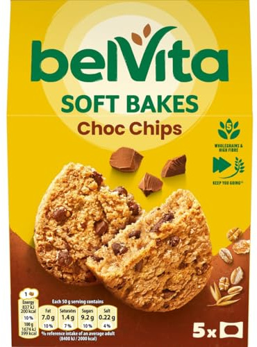 Belvita Soft Bakes Chocolate Chip Snack Bars, 250 g (Pack of 1) | Nutritious & Tasty Snack for On-The-Go, High Fibre, Vegetarian Friendly, Made with Quality Ingredients, 5 x 50 g