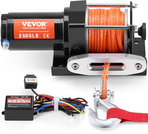 VEVOR Cabrestante Eléctrico de Capacidad de Tracción de Línea de 1588 kg, IP55 Cabrestante con Cuerda Sintética de 12 Hebras de Φ0,5 x 1188,7 cm, Control Remoto con Cable para Remolcar UTV ATV
