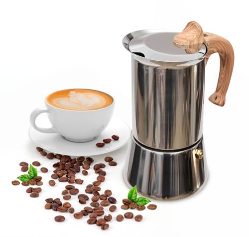 JingleChoo Induction Moka Pot, Stainless Steel, Stovetop Espresso Coffee Maker, 4 Cup/200ml/7.0oz, Easy to Use and Clean, Camping Home Use | for Mocha Cappuccinos, Lattes