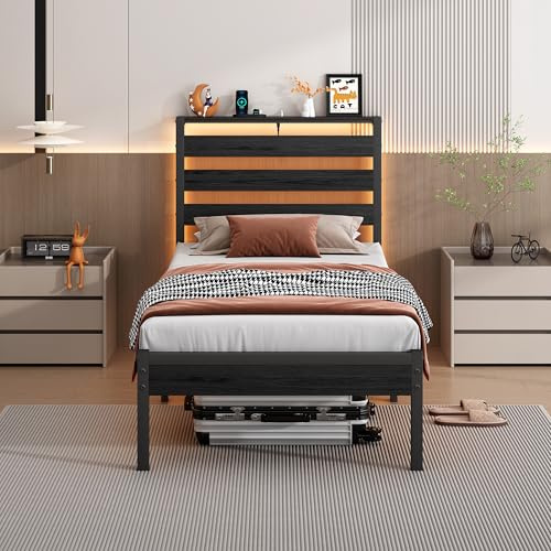 CLIBFENG Bed Frame Twin Size with USB Charging Station, LED Bed Frame with Wood Storage Headboard, Black Metal Platform Bed with Under Bed Storage, No Box Spring Needed, Noise Free