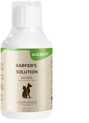 Lecker.Pet® 500 ML Barfer's Solution 100% Huile de Saumon pour Chiens & Chats | Acides Gras Essentiels | Complément nutritif pour Aliments pour Chiens & Chats | Fabriqué à partir de Saumon Frais