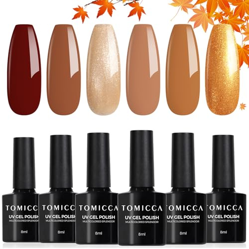 TOMICCA Gel Nail Polish, 6 Colors Autumn Neutral Gold Glitter Yellow Gel Polish Set, Soak Off UV/LED Nude Brown Gel Varnish for DIY Home Salon Manicure Nail Art