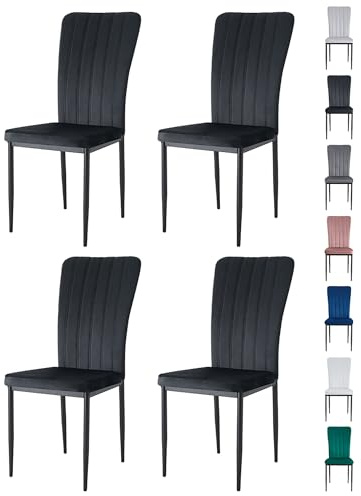 mcc direct Set of 4 Dining Chairs, Velvet High Back Kitchen Chairs with Upholstered Soft Seat and Metal Legs for Home, Office, Dining and Reception - Elle (Black)