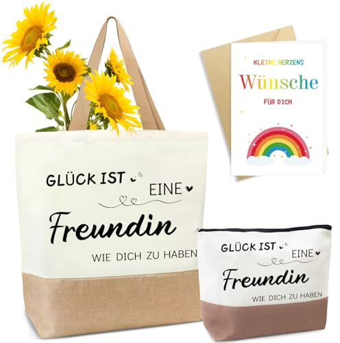 YSUVIN Jutetaschen mit Kosmetiktasche Geschenke für Freundin, Jute Einkaufstaschen mit Großem Fassungsvermögen für Frauen, Baumwolltaschen als Weihnachts Valentinstag Geburtstagsgeschenke