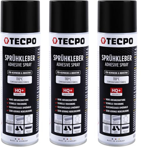 TECPO 1K Sprühkleber 3x 500ml Spray Kleber für Schaumstoff, Wolkenhimmel und Akustikpaneele Klebespray transparent bis 110°C Hitzebeständig
