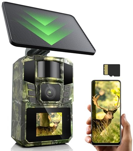 WiFi Solaire Camera de Chasse 4K 48MP Caméra de Chasse Connectée au Téléphone Infrarouge Vision Nocturne, Piege Photographique avec 5200 mAh Batterie Rechargeable, Carte SD de 64 Go, IP65