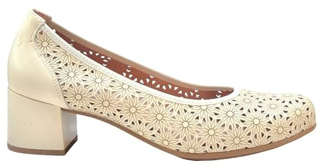 PITILLOS - Zapato de tacón Cuadrado,bajo,clásico,salón,Calado,de Piel,Suela de Goma para: Mujer Color: Crema Talla:37
