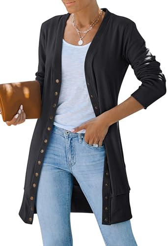 MEROKEETY Women's Long Sleeve Snap Button Down Solid Color Knit Ribbed Neckline Cardigans,Charcoal,X-Large