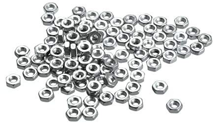 sourcing map Hex Nuts, M2.5x0.45mm Metric Coarse Thread Hexagon Nut, Carbon Steel, Pack of 100 (Silver Tone)