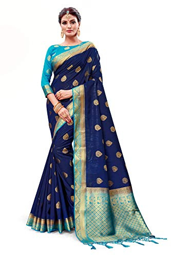 STYLE INSTANT Banarasi Sari indien en soie tissée pour femme avec chemisier non cousu, bleu marine, taille unique