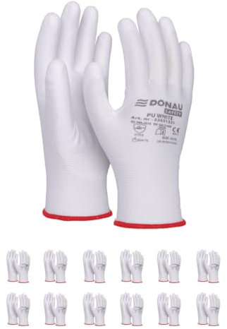 DONAU SAFETY Gants de montage gants/taille 07, 12 paires/Cat.II/Blanc/Gants de travail en polyester/polyuréthane/jardinage, constructeurs, mécaniciens