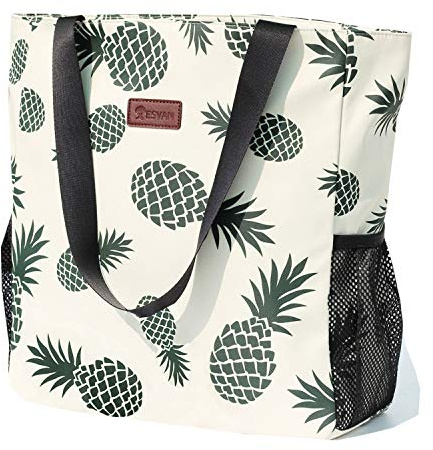 ESVAN Original Water Resistant Large Tote Bag for Gym Beach Travel, Upgraded, White, Pineapple