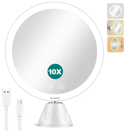 Auxmir Wiederaufladbarer Kosmetikspiegel LED Beleuchtet mit 10X Vergrößerung, 2000mAh Rasierspiegel mit 46 LEDs, 3 Lichtfarben Dimmbarer Schminkspiegel, Tischspiegel für Zuhause und Reise, Weiß