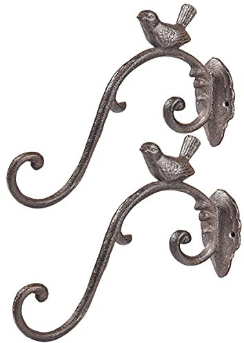 Sungmor Cast Iron Plant Hanger Wall Hooks - Heavy Duty Hanging Basket Brackets - Lovely Bird Shape & 25.5CM & 2PC Brown - Decorative Wall Hangers for Planters Lanterns Bird Feeders Houses Wind Chimes