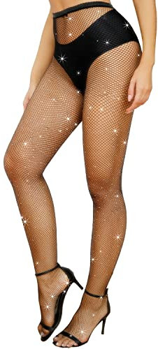 Forevers Calze A Rete Strass Donna Scintillanti Collant A Vita Alta Collant a Rete Elastica Night Club Cristallo Calza per le Donne Diamante Bling, Nero