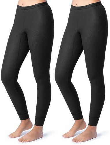 Indera Women's Thermal Underwear Pants, Cozy Waffle Knit Leggings for Unbeatable Warmth, Black, Large, Pack of 2