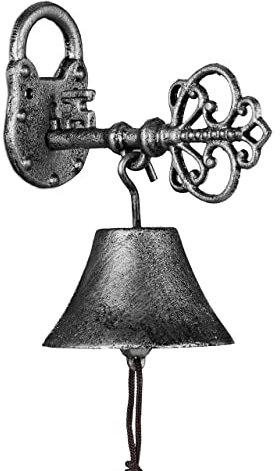 Relaxdays Türglocke Gusseisen, antikes Design, Gartenglocke Schlüssel, mit Kordel, Glocke für draußen, schwarz/Silber