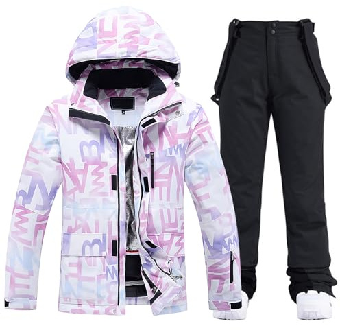 ALSOGO Set Tuta da Sci Donna, Giacca & Pantaloni da Neve, 2 Pezzi, Tuta da Sci Impermeabile, Giacca da Neve, Tuta da Neve con Cappuccio Rimovibile, Antivento, Traspirante per Sciare e Snowboard, Nero