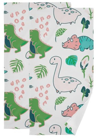 ZRWLUCKY Niedliches Dino-Handtuch, Badezimmer, Set mit 2 Stück, 71,1 x 35,6 cm, Baumwolle, dekoratives Mikrofaser-Handtuch, großes saugfähiges Handtuch und Waschlappen, weiche Gesichtswaschtücher