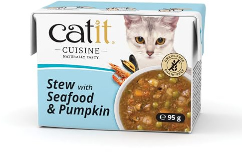 Catit Cuisine Seafood Stew, Grain Free Wet Cat Food in Broth, Tender Meat Stew for Adult Cats, 95g Tetra Pack x12