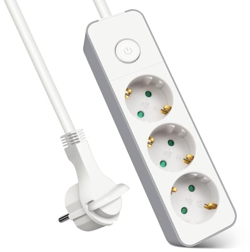 EXTRASTAR Regleta Enchufe con 3 Tomas, Alargador Enchufe con Interruptor, 1.5 m, para El Hogar, La Oficina y Los Viajes, 3680W, Blanco, 1pc