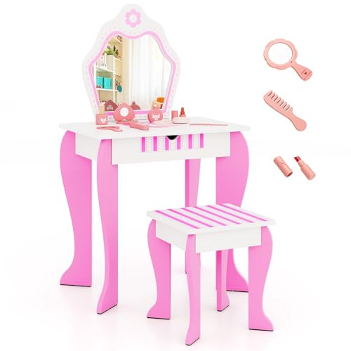 COSTWAY Sminkbord för barn med pall, sminkbord för flickor med avtagbar spegel och låda, toalettbord med blommönster för barn från 3 år (med tillbehör)