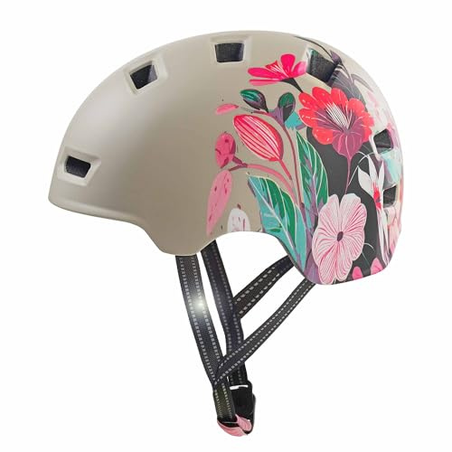 Crazy Safety Rampage Flor Gris | Casco para Bici, Skateboard, Patines y Bicicletas BMX | Casco de Bicicleta para Hombres, Mujeres y niños | M (54-57cm) | Casco Ajustable Skater y Ciclistas