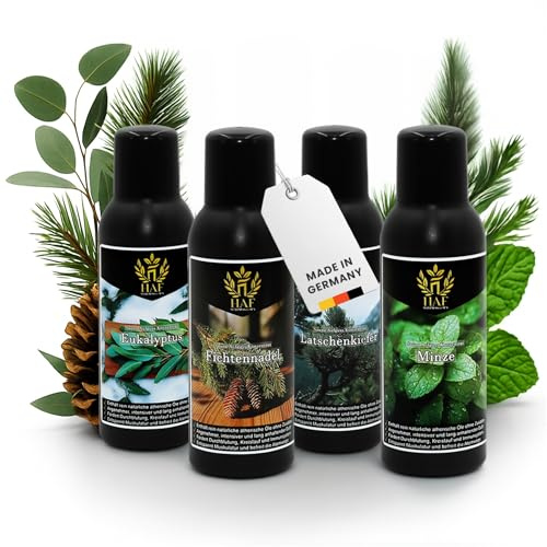 HAF Saunaaufguss Set „Waldfrische“ - 4 x 100ml Sauna Aufgussmittel Eukalyptus, Fichtennadel, Latschenkiefer, Minze - Saunaduft mit natürlichen ätherischen Ölen & ohne Zusätze