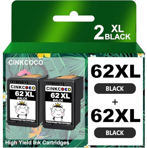 CINKCOCO 62XL Druckerpatronen 62XL Multipack Tintenpatronen Kompatibel für HP 62 Druckerpatronen Patronen für Envy 5540 5544 5545 5548 5640 5646 7640 OfficeJet 200 5740 5742 5744 (2 Schwarz)