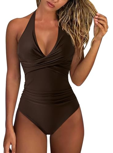 RXRXCOCO Women Cross Push Up Tummy Control One Piece Halter High Waisted Swimming Costume Swimsuits Swimwear