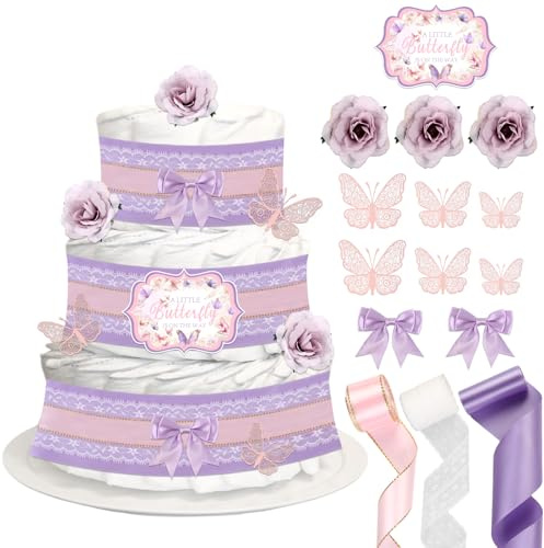 CORNER LACE Baby Shower Butterfly Diaper Cake Decor, Birthday Party Diaper Cake Supplies Pink Purple, Include Ribbon, Bow Tie, Wall Stickers, Cake Topper, Artificial Flowers(Diaper Not Included)
