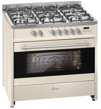 Gurari Gasherd mit Elektrobackofen GCH E 911 Cr Gas Elektro Standherd 90 cm | Range Coocker 5 Kochzonen 3,8 kW WOK | Freistehender Gasherd Propangas/Erdgas | 8 Multifunktions Elektro Backofen 121 L