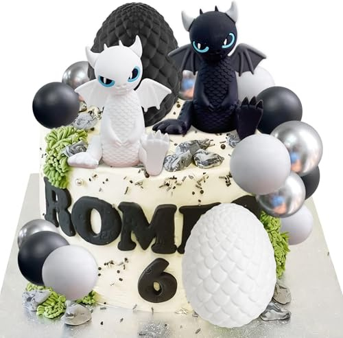 Schwarzer weißer Drache Tortenaufleger Dracheneier Tortendekoration Schwarze Kugeln Kuchendekoration für Fantasy Babydusche Geburtstag Hochzeit Party Supplies