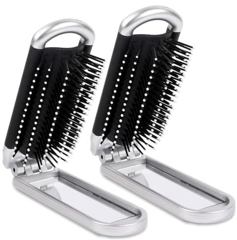 2 Pezzi Spazzola per Capelli da Viaggio con Specchio Pieghevole,Mini Spazzola per Capelli, Accessorio delicato per Donna,per Lo Styling dei Capelli per Palestra, Viaggi, Borsa, Nuoto(Argento)