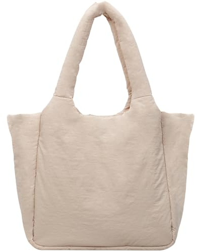 KESUDE Puffer Tasche Damne Handtasche Groß Shopper Bag, Leichte Schultertasche Damen Tote Bag Arbeistasche Hobo Handbag Casual Winter Shoulder Bag Wickeltasche für Arbeit Uni Alltag (Beige)