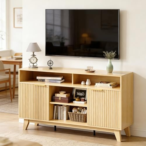 Bonnlo Tall TV Stand Cabinet with Extra Shelf, TV Units for Living Room - 147cm High Wooden TV Stand with Grille Doors & Adjustable Shelves, Oak Finish Media Console for TVs up to 70 inch