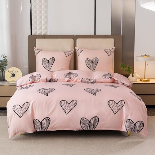 Cotton Market Juego de ropa de cama de 3 piezas, funda nórdica de 160 x 200 cm, 2 fundas de almohada de 70 x 80 cm, diseño de corazones, cremallera, microfibra, fácil cuidado, agradable al tacto