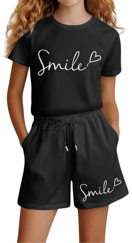 Generisch Tuta da jogging per ragazze, abbigliamento sportivo, per bambini, per bambine, estive, casual, a maniche corte, set per magliette, top tasche, pantaloncini, Nero , 13-14 Anni
