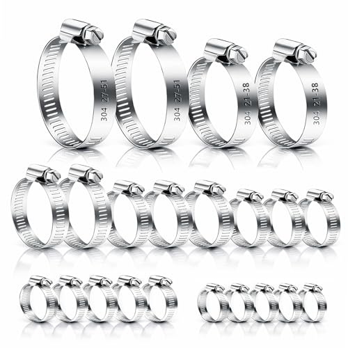 WELHAEPI 22 Pcs Hose Clips Set, 6-51mm 304 Stainless Clamps | Hose Clamps Assortment – 304 Stainless Steel Jubilee Clips, Worm Drive Pipe Fasteners for Garden, Pool, Plumbing & Automotive