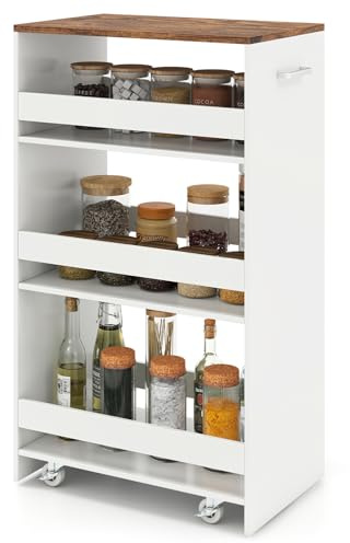 GIANTEX Carrello per Nicchia con Ruote, 4 Livelli，Carrello di Servizio Stretto Salvaspazio, da Bagno, Scaffale da Cucina Sottile 47,5 x 13 x 80,5 cm (Industriale+Bianco, Largo 30 cm)