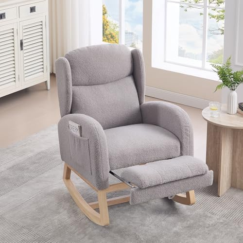 VS VanShine Mecedora, silla de lactancia, sillón de salón con estructura de madera, reposapiés ajustable, respaldo alto, tela de peluche, con bolsillo, cómoda silla acento para dormitorio, salón (gris